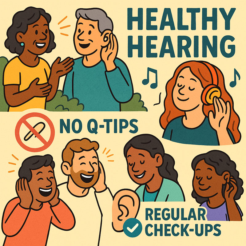 People enjoying conversations and music, with tips for healthy hearing.