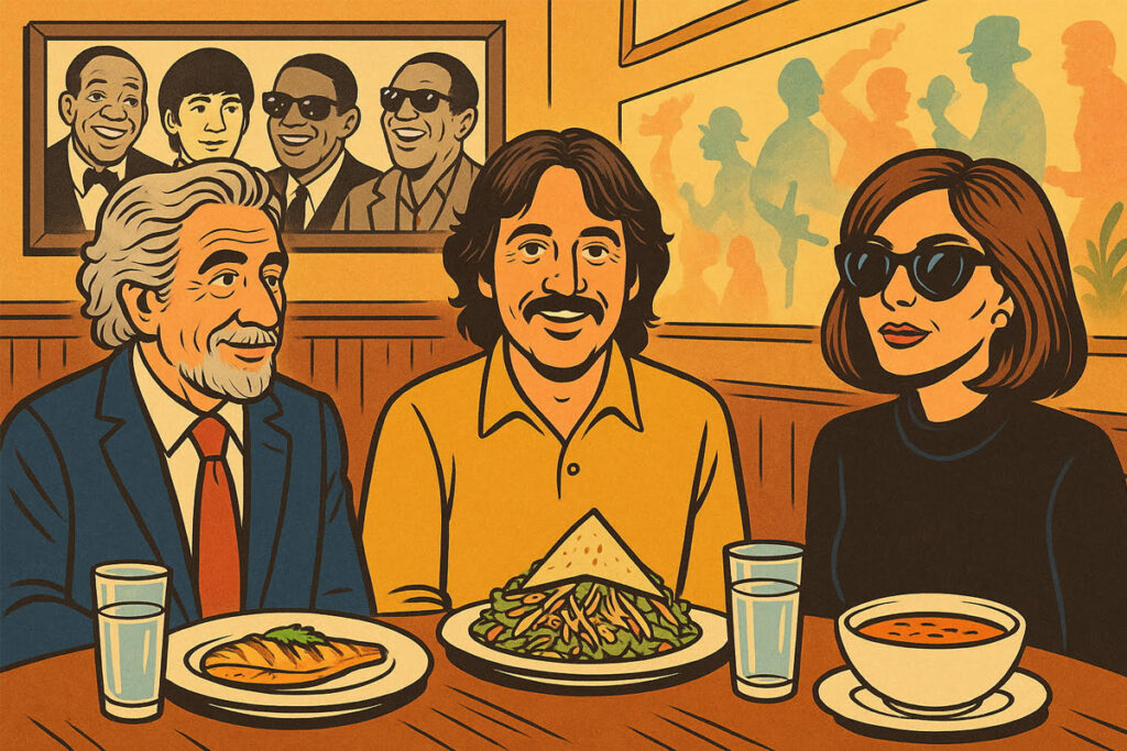 Retro-style art of three people eating healthy meals—salmon, salad, and soup—in a cozy restaurant.