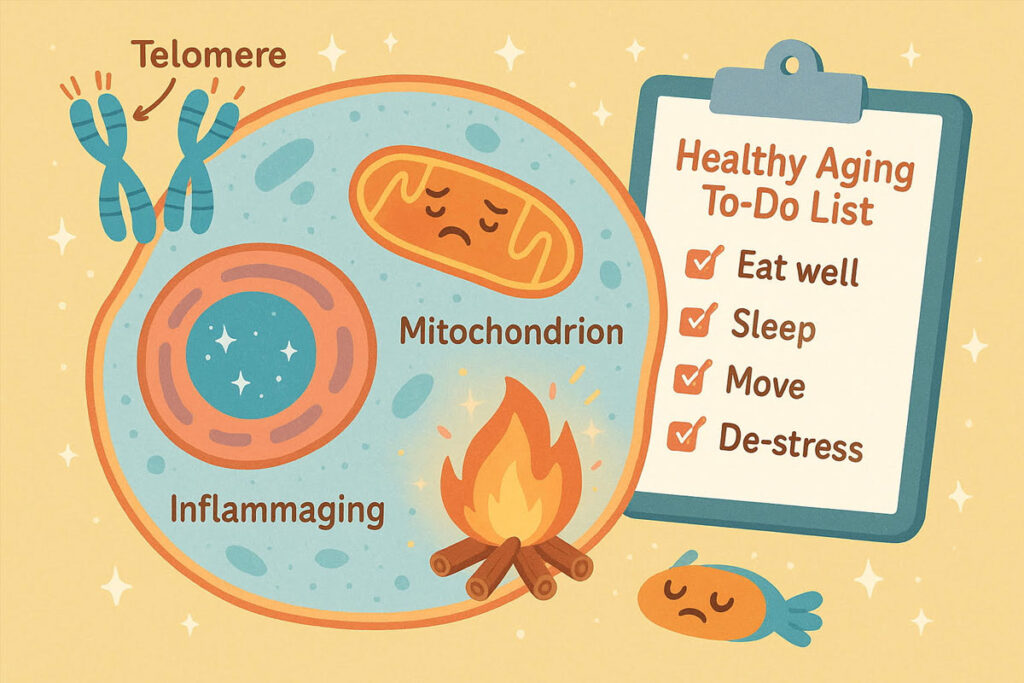 Cartoon-style illustration of aging cells with shrinking telomeres and tired mitochondria, alongside a cheerful checklist of lifestyle habits for healthy aging.