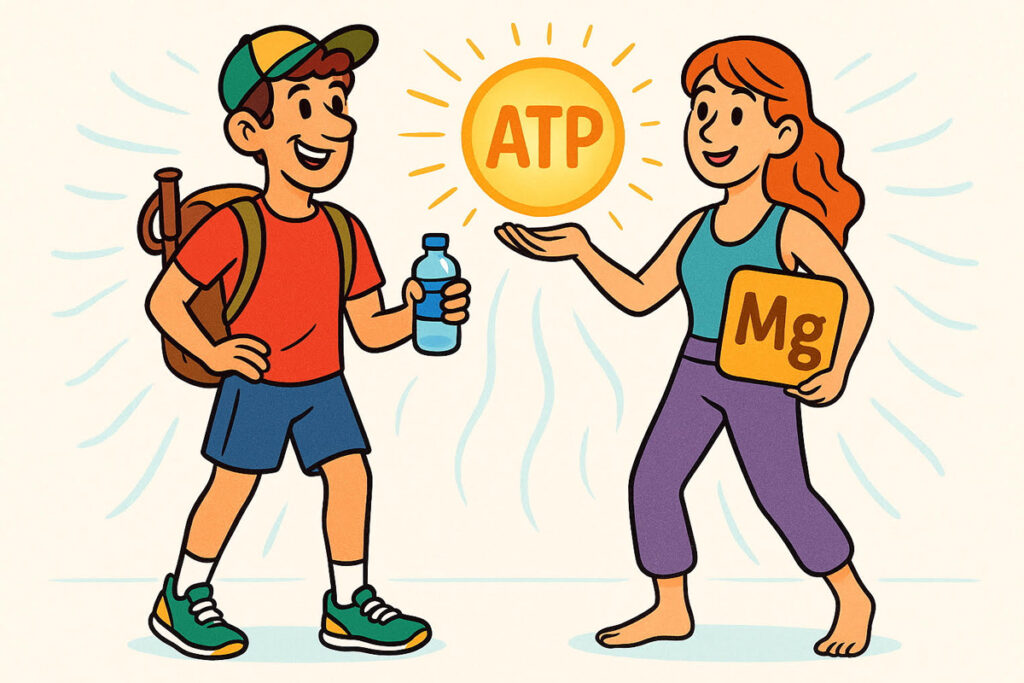 Cartoon illustration of magnesium helping generate ATP for energy