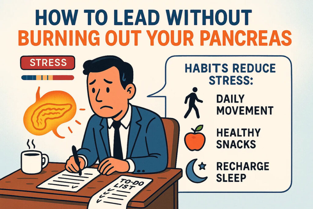 Illustration of a stressed man at a desk with a glowing pancreas, next to health tips to reduce stress.