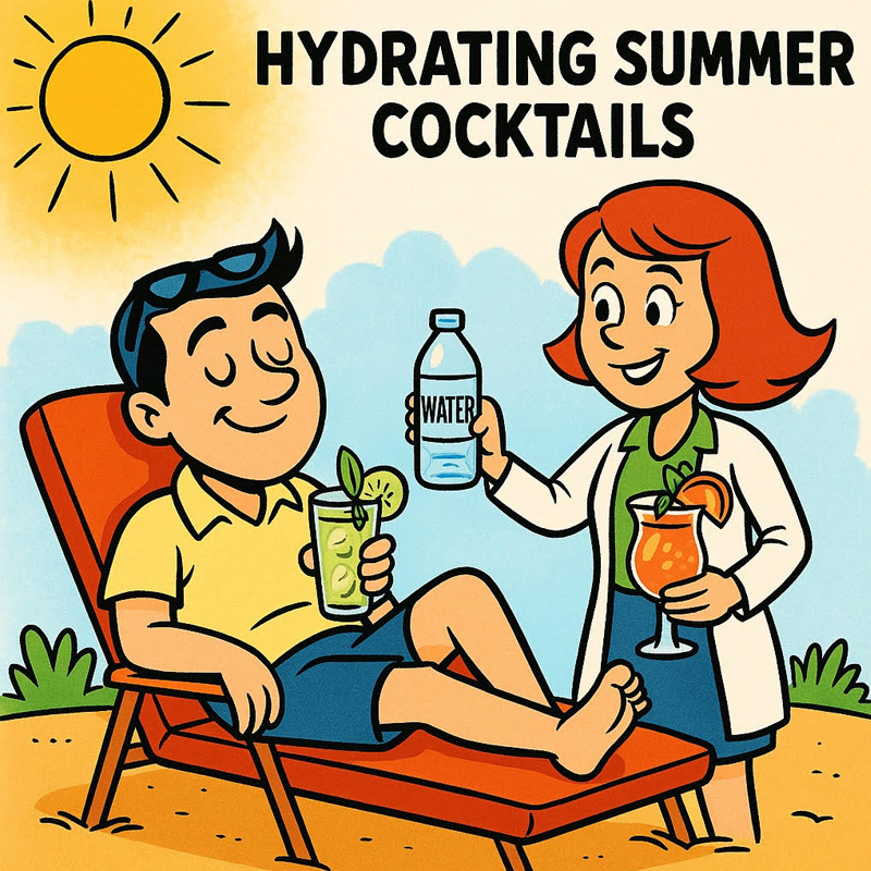 Cartoon man lounging in the sun with a drink while a smiling woman offers him water and a fruity cocktail labeled as hydrating.