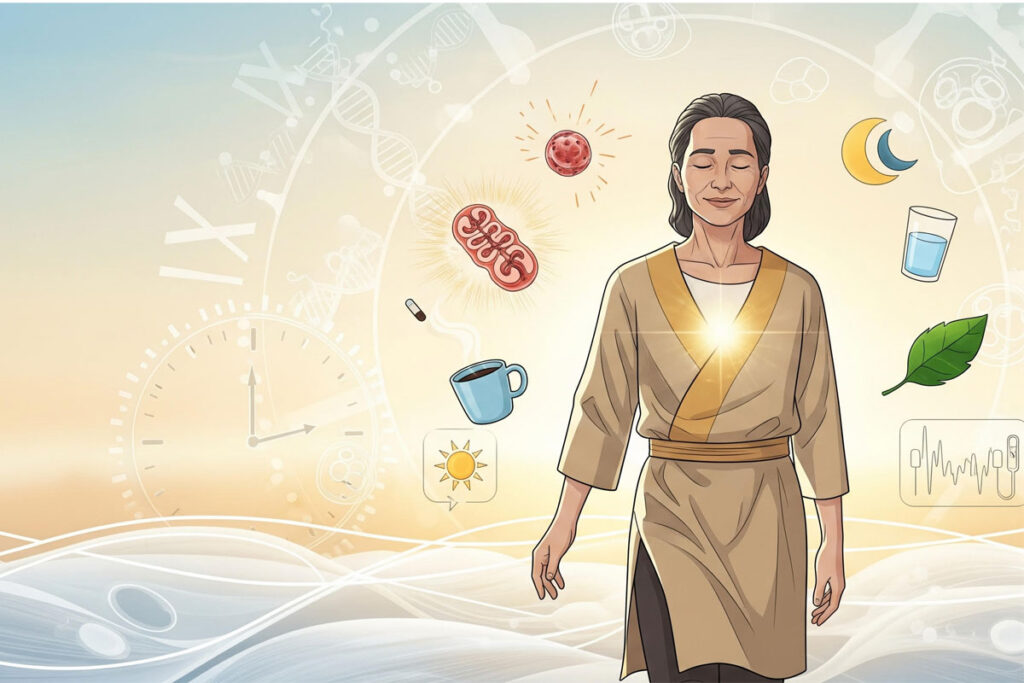 Comic-style illustration of Captain Mitochondria mid-leap, glowing with energy, surrounded by icons of cellular health, fasting clocks, leafy greens, and a sunrise.