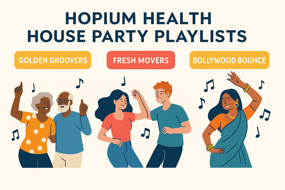 Illustration of people dancing joyfully under playlist categories: Golden Groovers, Fresh Movers, and Bollywood Bounce.