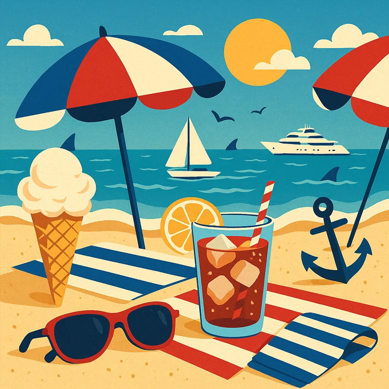 Colorful vintage-style beach scene with umbrellas, a cold drink, ice cream cone, sunglasses, and a yacht in the ocean under a bright sun.