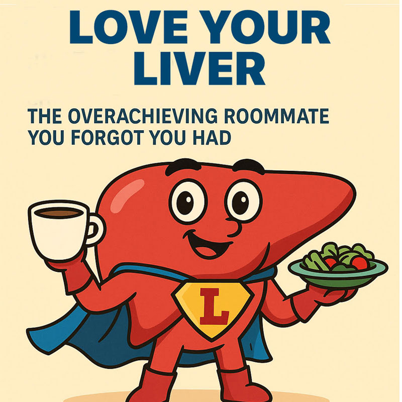 Cartoon superhero liver character holding coffee and salad with text that reads “Love Your Liver: The Overachieving Roommate You Forgot You Had.”