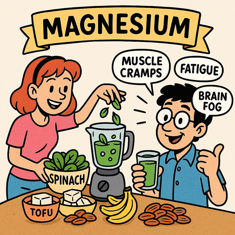 Cartoon characters making a magnesium-rich smoothie with spinach, tofu, and bananas