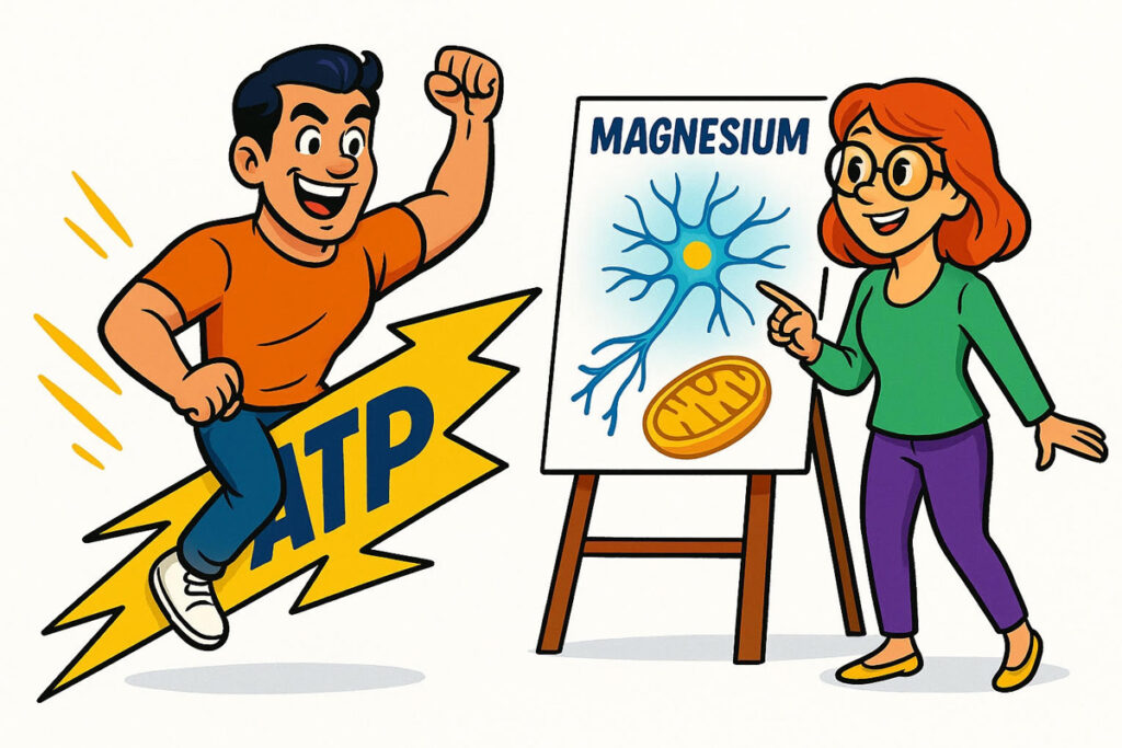 Cartoon man riding a lightning bolt labeled "ATP" with high energy, while a woman points to a diagram showing magnesium’s role in nerve cells and mitochondria.