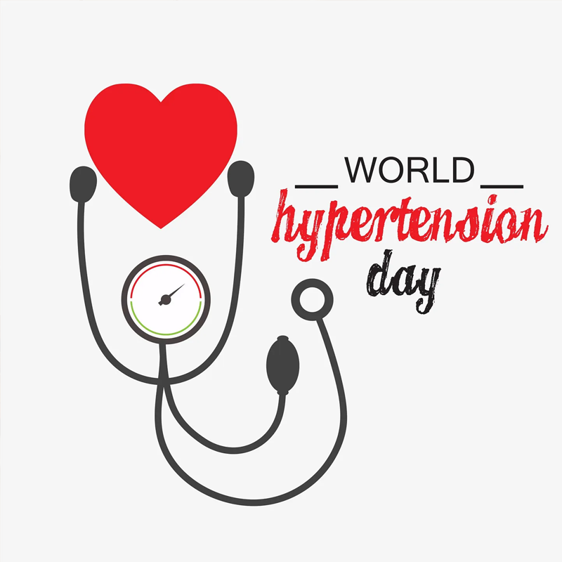 A stethoscope shaped into a heart and blood pressure monitor with the text “World Hypertension Day.”