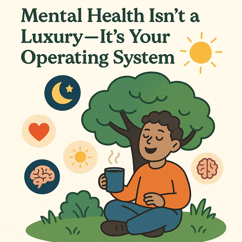 Person meditating under a tree with mental wellness icons around them.