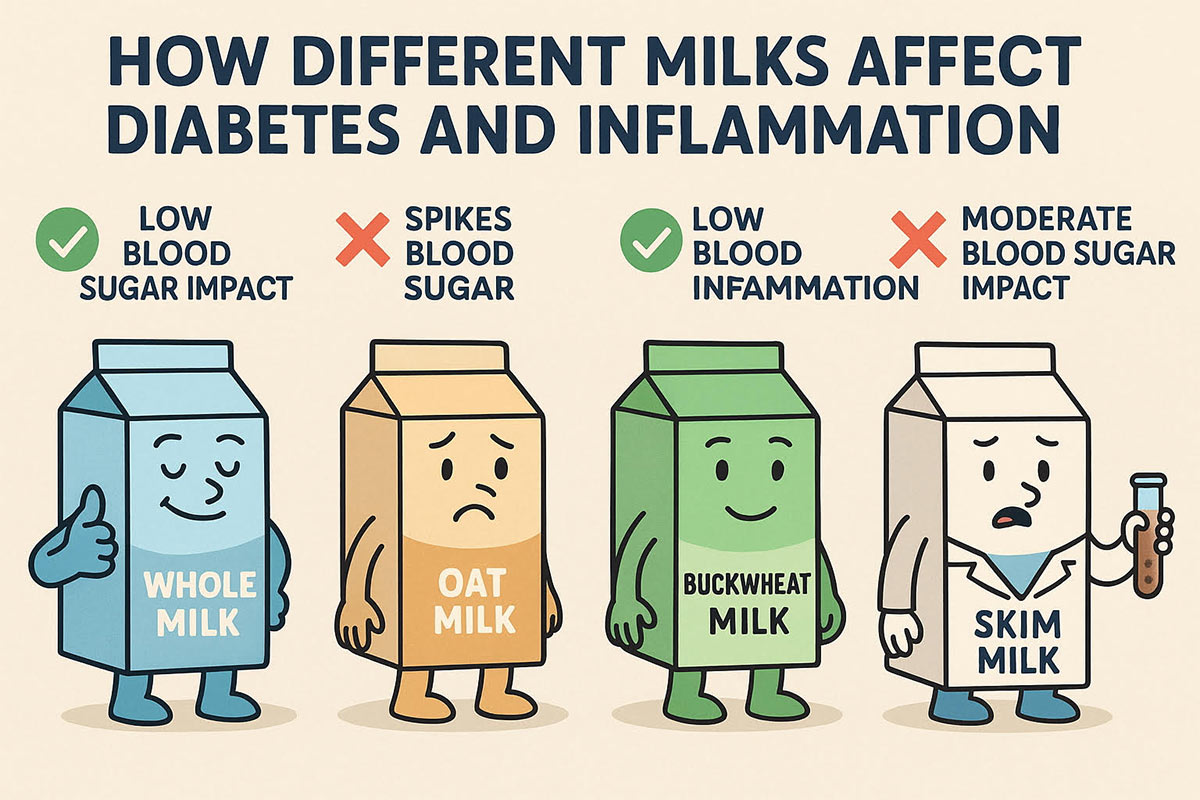 Comparison of how whole, oat, buckwheat, and skim milk affect blood sugar and inflammation