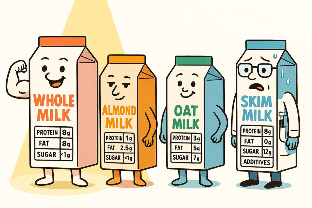 Cartoon milk cartons comparing whole, almond, oat, and skim milk nutrition