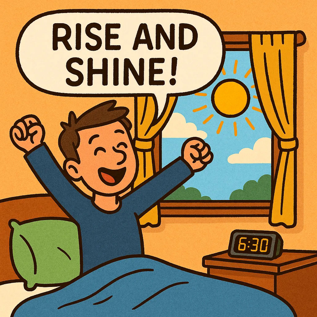 Cartoon man waking up at 6:30 AM with a sunny window and speech bubble saying “Rise and Shine!”
