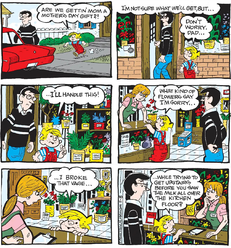 Dennis the Menace and his dad buy Mother's Day flowers, with Dennis hilariously confessing to breaking a vase.
