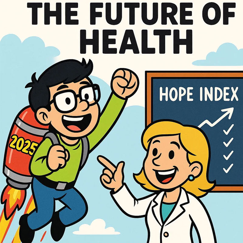 A cheerful cartoon scientist points to a boy with a jetpack labeled “2025” flying upward, as a “Hope Index” chart rises in the background.