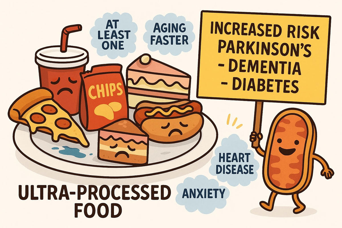 Illustration of sad ultra-processed foods like chips, soda, pizza, cake, and hot dogs alongside a mitochondrion holding a warning sign.