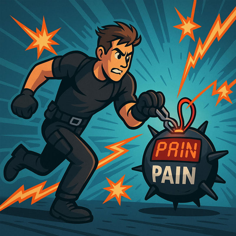 Cartoon action-hero defusing a bomb labeled “PAIN” surrounded by electrical pain signals, representing a breakthrough in non-opioid pain relief.