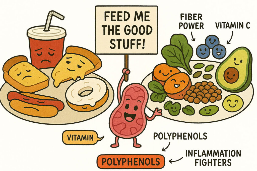 Cartoon mitochondrion asks for healthy food, comparing sad processed foods to happy nutrient-rich whole foods.