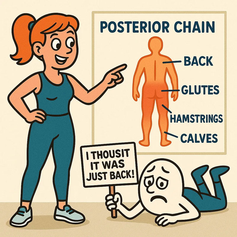 Illustration showing the posterior chain muscles—back, glutes, hamstrings, and calves—with a confused character learning it's more than just the back.