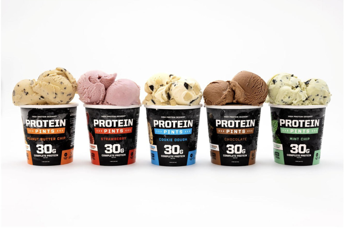 Five flavors of protein ice cream pints with 30 grams of complete protein each, including peanut butter chip, strawberry, cookie dough, chocolate, and mint chip.