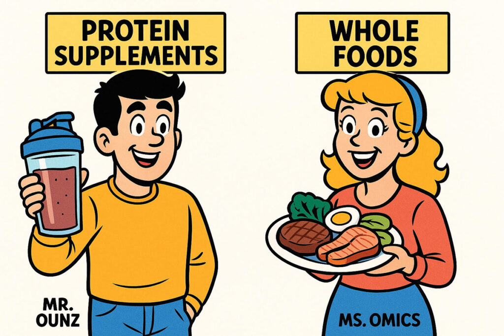 Cartoon comparison of a man holding a protein shake labeled "Protein Supplements" and a woman holding a plate of whole foods labeled "Whole Foods"