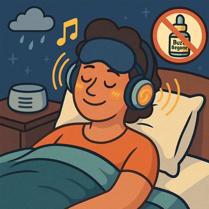 Illustration of a person sleeping with headphones, surrounded by calming sounds and a “No Buzz Begone” bottle.