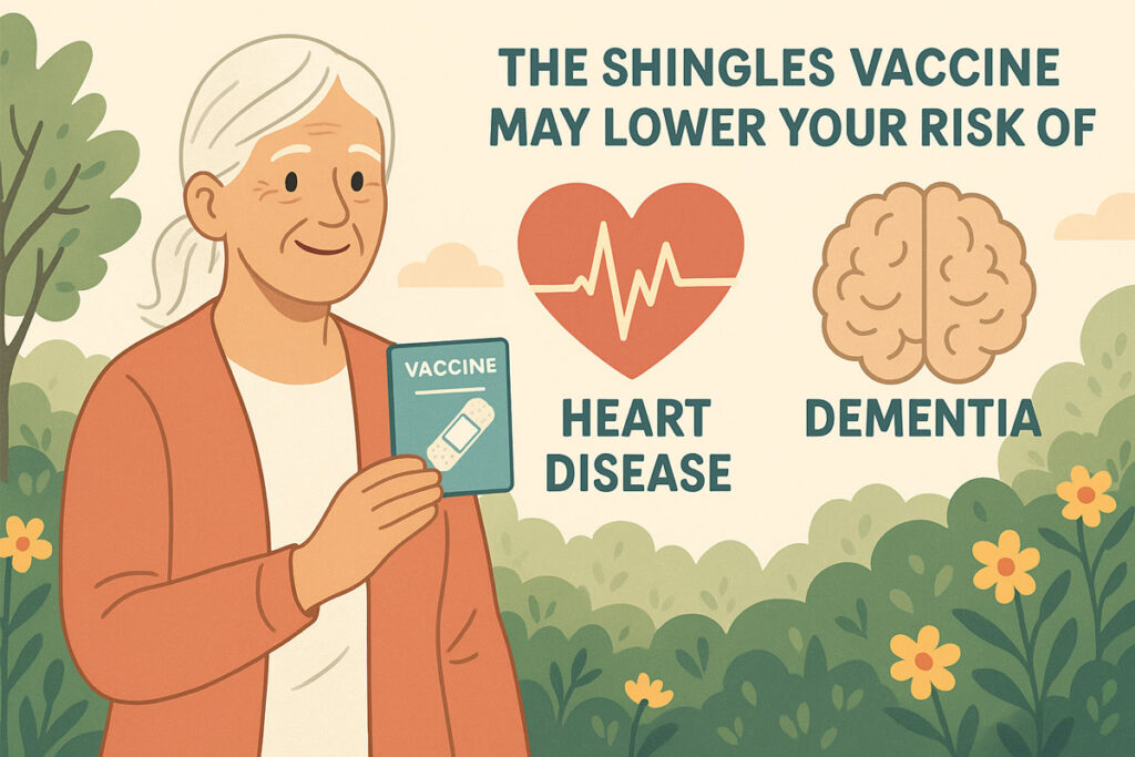 Illustration of an older woman holding a vaccine card, with icons representing heart disease and dementia risk.