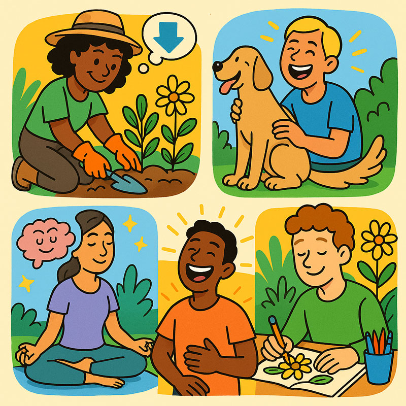 Illustrated people practicing stress-busting activities like gardening, playing with a pet, meditating, laughing, and drawing