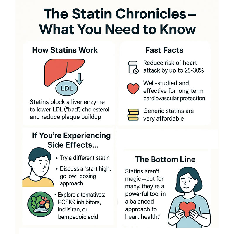 Infographic explaining how statins work, benefits, side effects, and key facts about heart health.