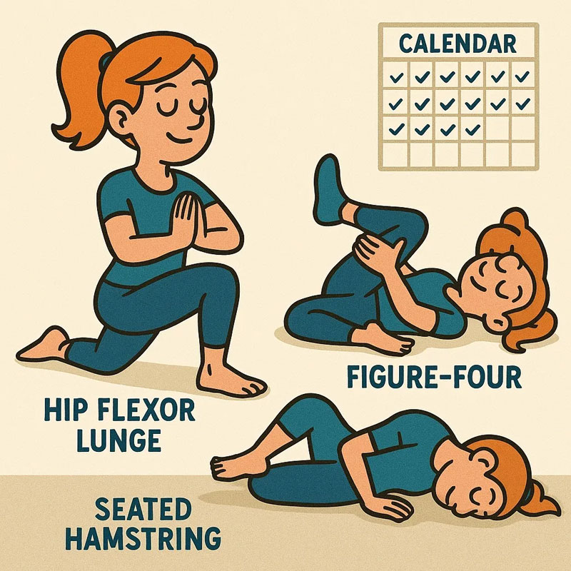 Illustration of a woman doing hip flexor lunge, figure-four stretch, and seated hamstring stretch with a calendar showing consistency.