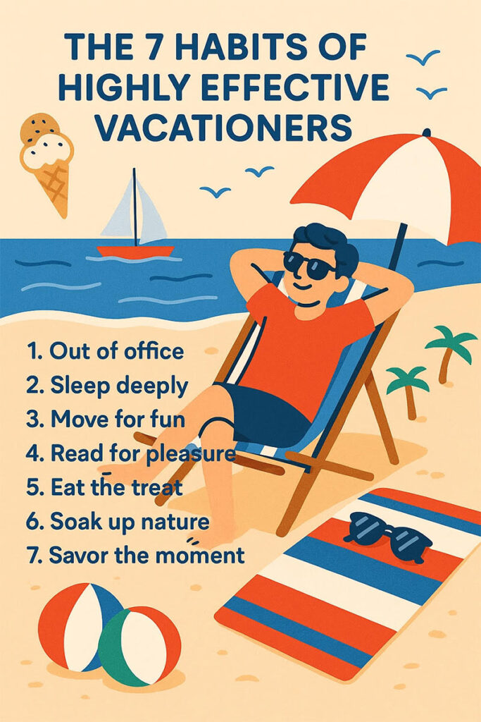 Illustration of a relaxed man on a beach listing the 7 habits of highly effective vacationers with colorful summer elements like an umbrella, beach ball, ice cream, and sailboat.