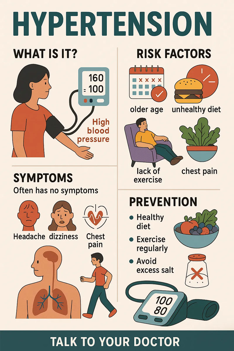Infographic explaining hypertension: its definition, symptoms, risk factors, and prevention tips.