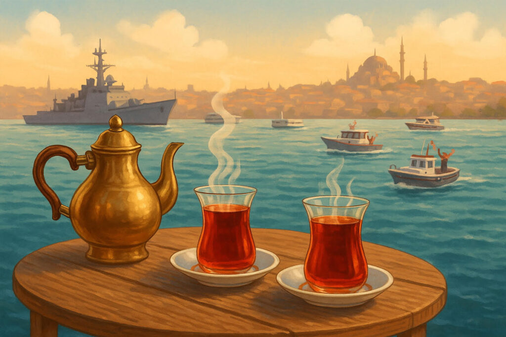 Two glasses of Turkish tea on a wooden table with a brass teapot, overlooking the Bosphorus with boats and Istanbul skyline in the background.