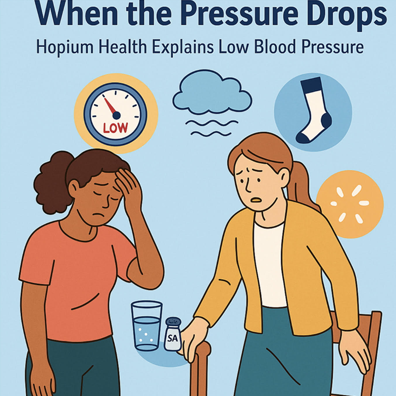 Illustration showing symptoms and tips for managing low blood pressure.