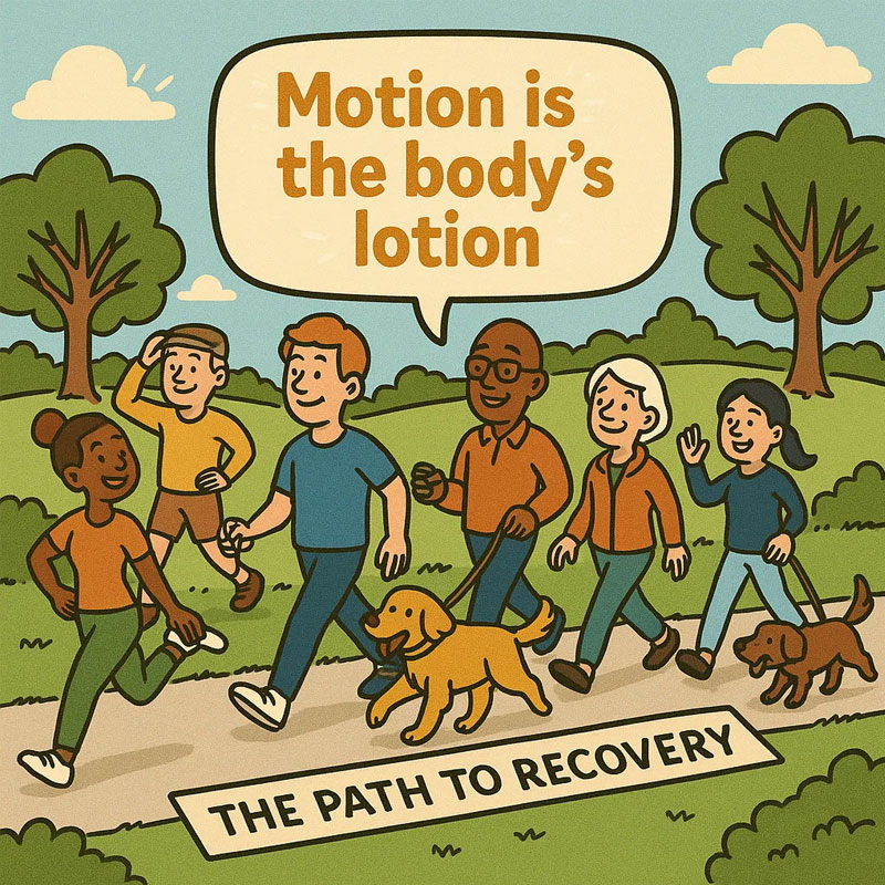 Cartoon of diverse people walking in a park with dogs, one saying "Motion is the body’s lotion." A path reads “The Path to Recovery.”