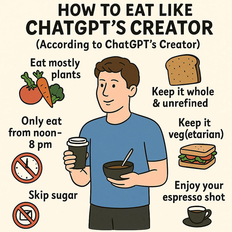 Cartoon illustration of healthy eating tips inspired by ChatGPT’s creator