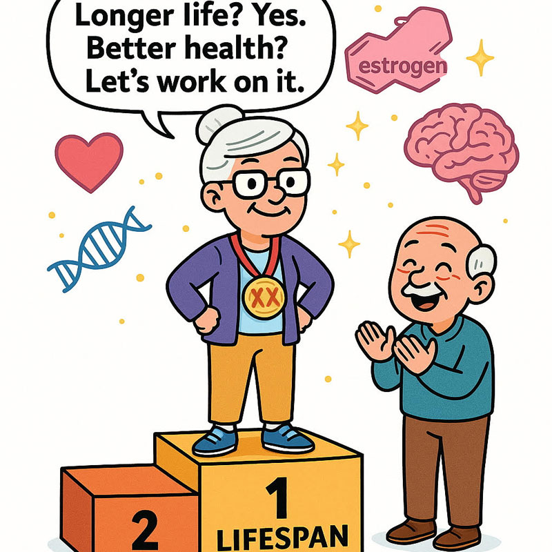 Cartoon of an older woman standing confidently on a podium labeled “Lifespan,” while an older man cheers beside her. Background includes hearts, brains, and chromosomes.