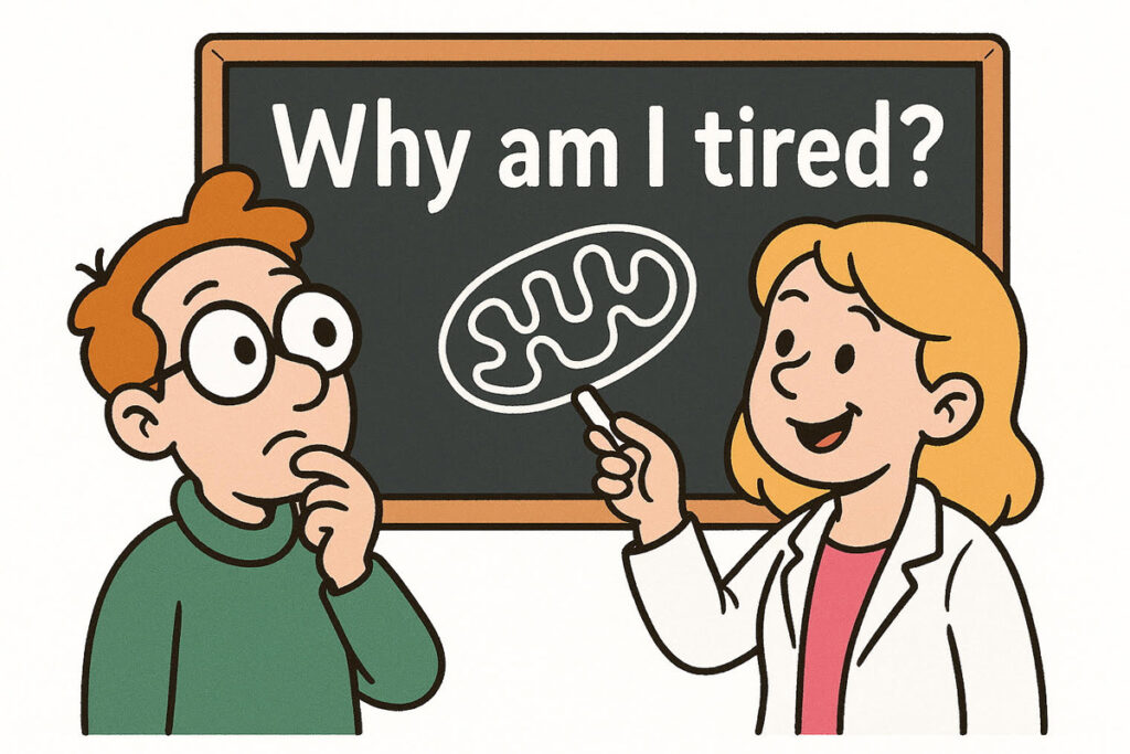 Cartoon of a scientist explaining mitochondrial energy to a tired-looking person