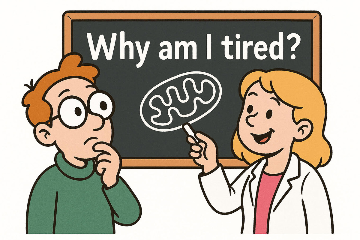 Cartoon of a scientist explaining mitochondrial energy to a tired-looking person