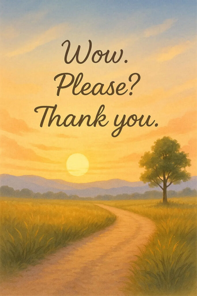 Sunset over a peaceful countryside path with the words “Wow. Please? Thank you.”