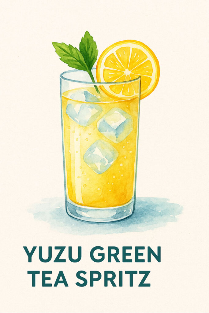 Refreshing glass of Yuzu Green Tea Spritz with lemon and herbs