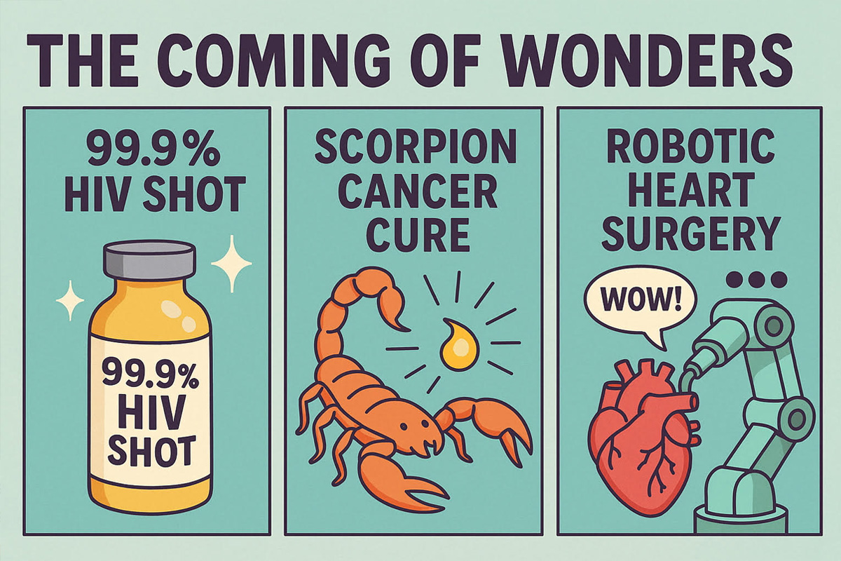 Illustration of medical wonders: HIV shot, scorpion cancer cure, robotic heart surgery