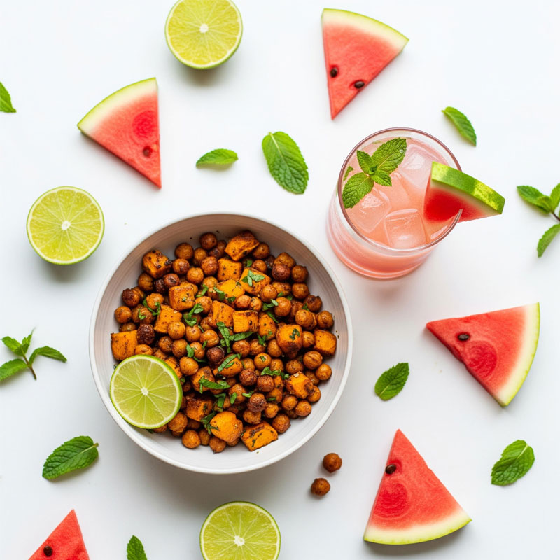 Summer snack bowl with roasted chickpeas, sweet potatoes, lime, watermelon slices, and a watermelon mocktail on white background.