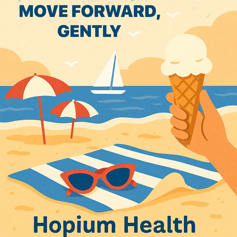 Illustration of a peaceful beach scene with a hand holding an ice cream cone, beach umbrellas, a striped towel, sunglasses, and the phrase "Move Forward, Gently" above “Hopium Health.”