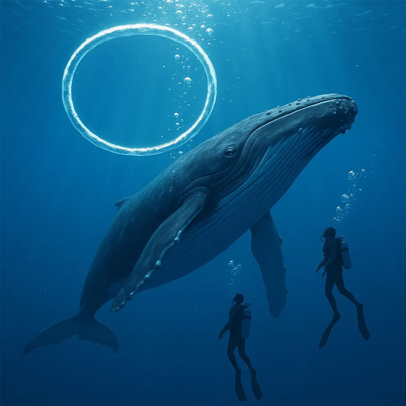 Two divers swim with a humpback whale under a bubble ring in the ocean.
