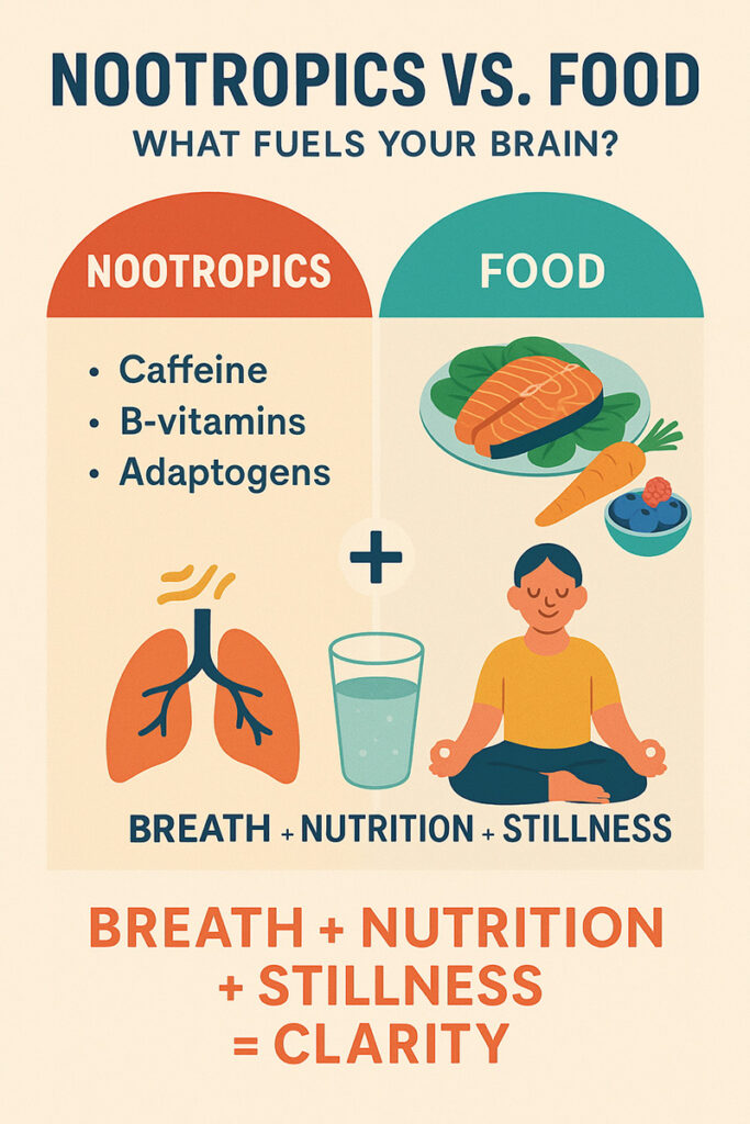 Infographic comparing nootropics and real food for brain clarity with illustrations