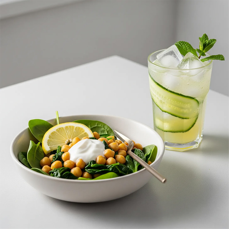 Healthy chickpea spinach bowl with lemon yogurt and cucumber mint drink.