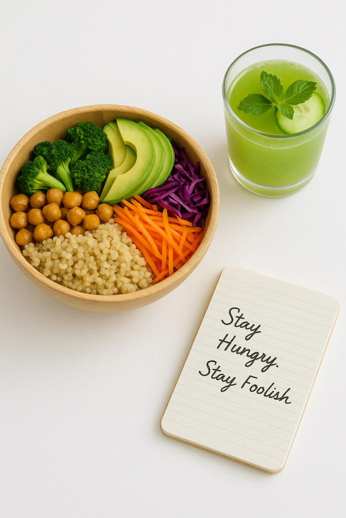 Healthy vegan bowl with veggies, quinoa, green juice, and quote