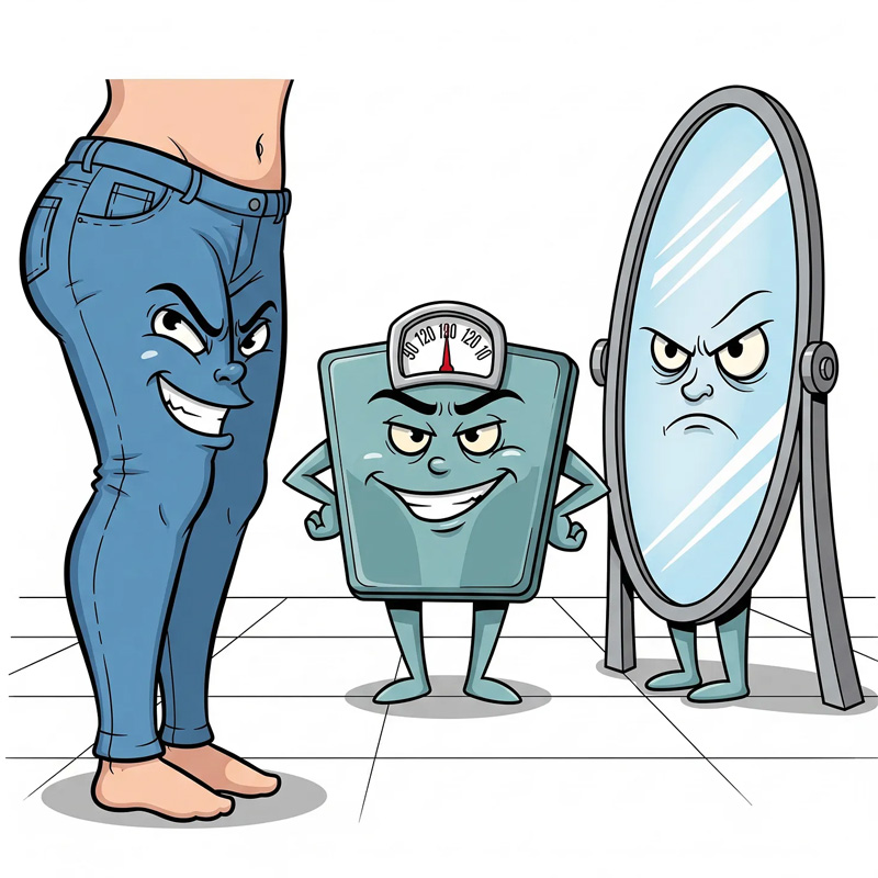 Cartoon of weight scale, mirror, and jeans mocking body image