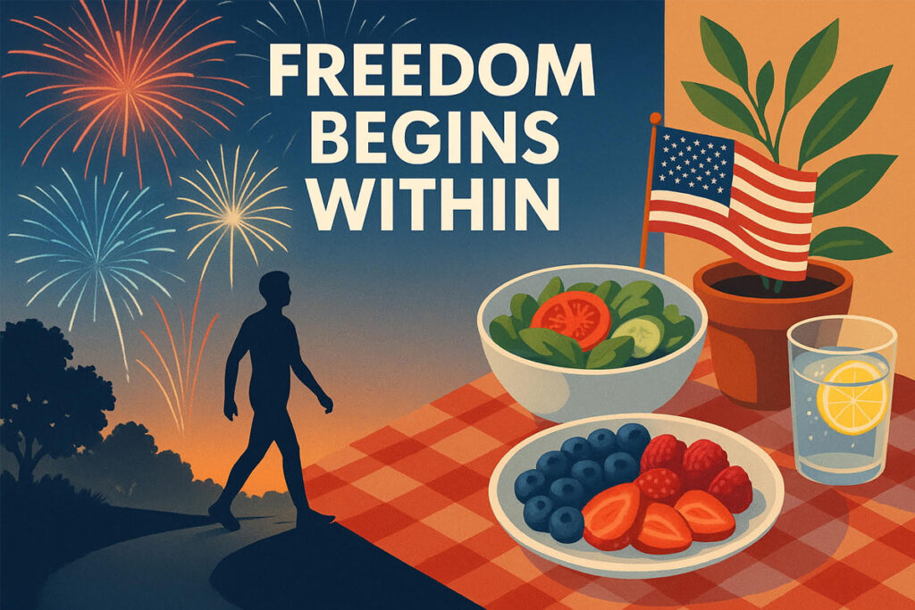 Illustration of fireworks, healthy picnic foods, and an American flag with the text "Freedom Begins Within"